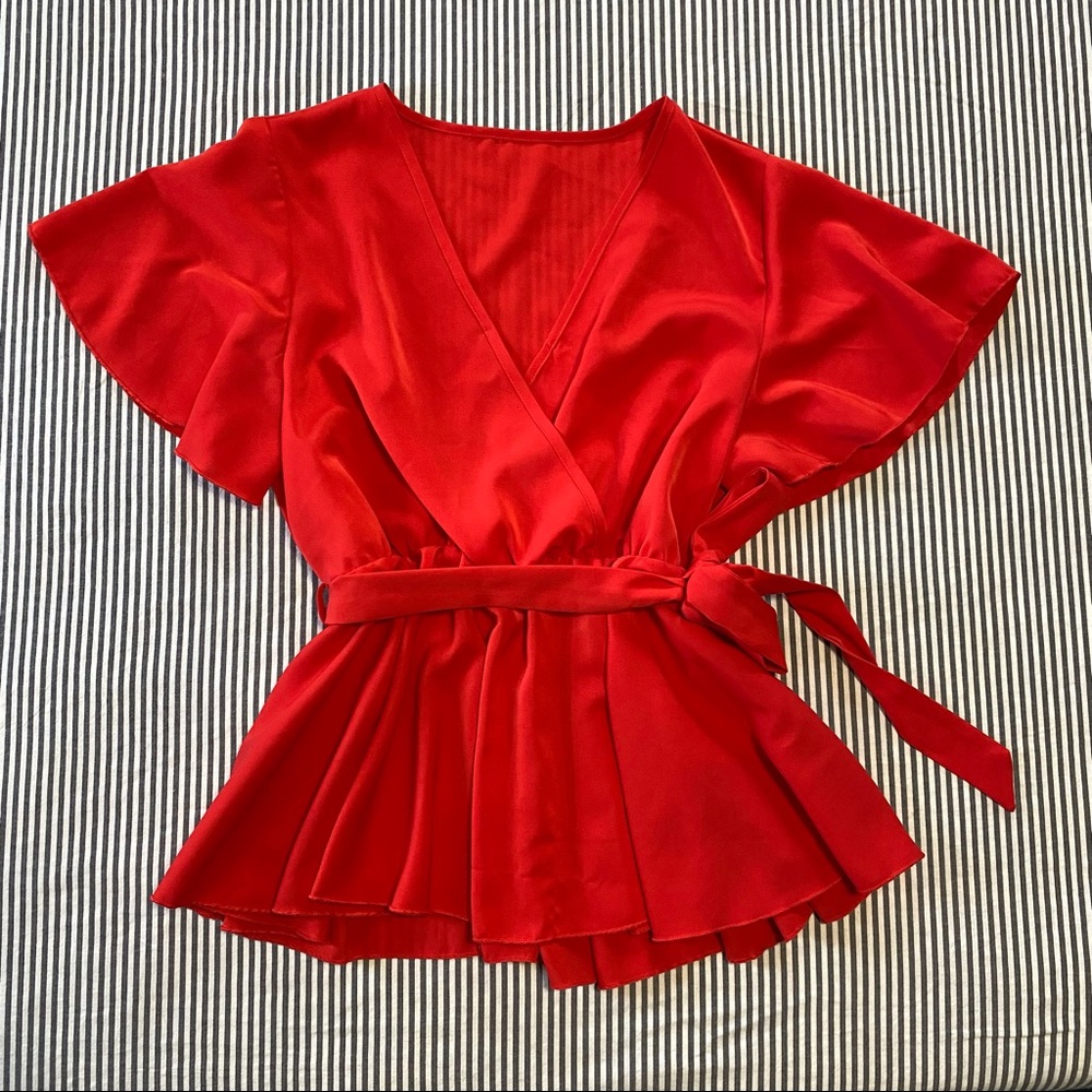 Red Faux wrap v neck